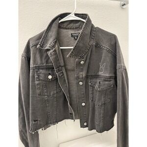 Playboy by PacSun Womens Washed Black Cropped Denim Jacket Rhinestone Logo M/L